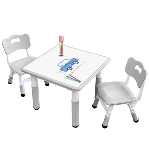 JIAOQIU Kids Table & Chair Set with Adjustable Toddler-Safe Non-Slip Legs, Activity & Graffiti-Proof Desktop Ages 3-12