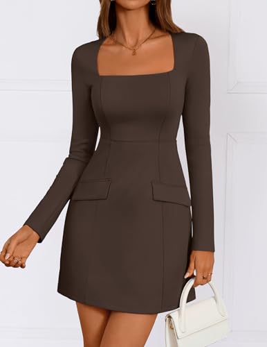 ZESICA Women's 2026 Fall Long Sleeve Bodycon Mini Dress Casual Square Neck Slim Fit Cocktail Party Short Dresses