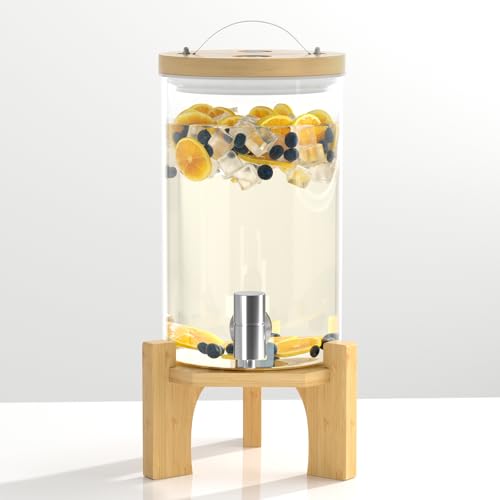 VOVUVK 1.2 Gallon Glass Drink Dispenser For Parties, Beverage Dispenser With Bamboo Wood Stand And Stainless Steel Spigot,...