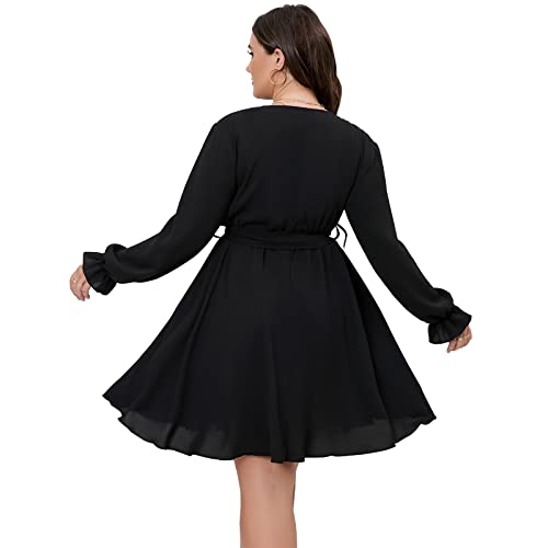 SCOMCHIC Women's Plus Size Long Sleeve Wrap V Neck Tie Waist A Line Mini Dress