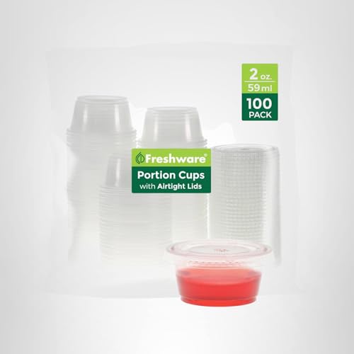 Freshware Plastic Portion Cups with Lids [2 Ounce, 100 Sets] Disposable Plastic Cups for Meal Prep, Salad Dressing, Jellos Shot Cups, Souffle Cups, Condiment and Dipping Sauce Cups