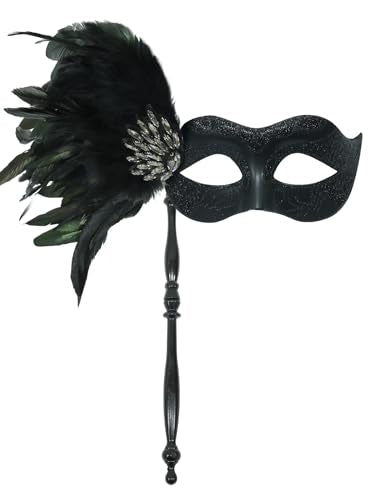 LCKRVOL Masquerade Mask for Women with Stick, Shiny Women's Feather Mardi Gras Venetian Mask for Prom Ball Costume Party