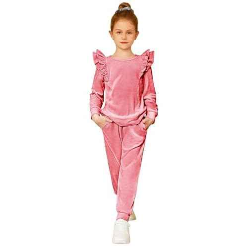 Arshiner Girls 2 Piece Outfits Velour Tracksuit Cute Clothes Sweatsuit Ruffle Pullover Sweatshirt Sweatpants Clothing Sets