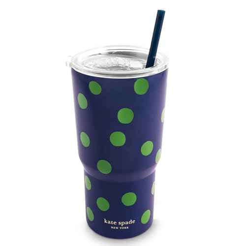 kate spade new york 20 Ounce Insulated Tumbler for Cold and Hot Drinks with Reusable Straw, Stainless Steel Travel Cup with Slide Top Lid, Sonnet Dot