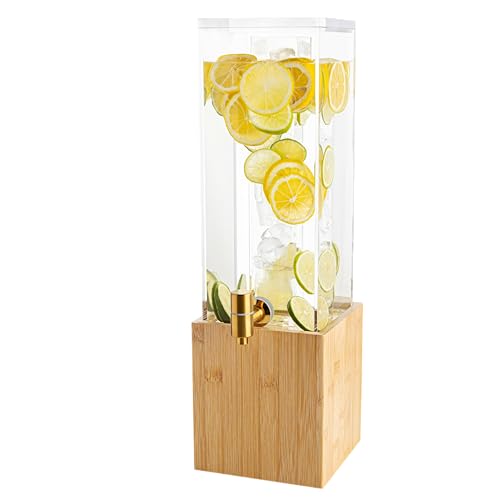 1.25 Gallon Acrylic Beverage Dispenser with Bamboo Stand – Iced Drink Dispenser with Stainless Steel Spigot & Built-in Ice...