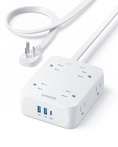 Anker Surge Protector Flat Plug Power Strip 2000J, 5ft Thin Extension Cord, 8 Outlets,2 USB A and 1 USB C Port,20W for iPh...
