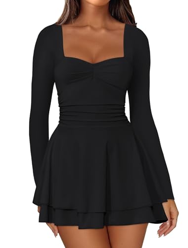 IWD Women's Square Neck Long Sleeve Mini Dress Ruched Corset Waist Tiered Ruffle Hem A Line Short Party Dresses
