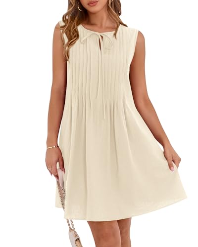 BTFBM Womens Summer Mini Dress 2025 Sleeveless Crew Neck Cute Bow Tie Front Loose Pleated Casual Short Dresses Pockets