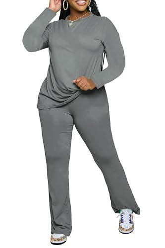 PINSV Womens 2 Piece Outfits Casual Sets Long Sleeve Top and Flare Pants Lounge Sets Tracksuit