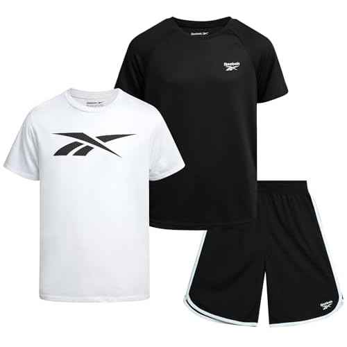 Reebok Boys Athletic Shorts Set - 3 Piece Summer Clothes Outfit with Graphic Tees and Boys Running Shorts for Active Kids