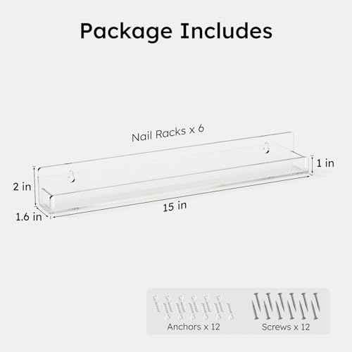 FEMELI Nail Polish Wall Rack: 6 Shelves 15 Inch Clear Acrylic Nail Polish Organizer for 66-90 Bottles Multi-Purpose Acrylic Floating Shelves (15 Inch, Clear)