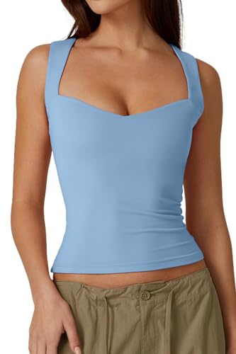 QINSEN Women's Sexy Sweetheart Neck Sleeveless T Shirts Double Lined Tees Slimming Fit Tops