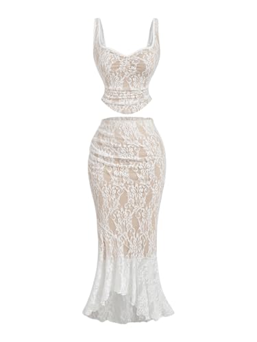SOLY HUX Women's Floral Lace Skirt Set 2 Piece Sleeveless Top and Bodycon Fishtail Skirts Summer Coquette Outfits