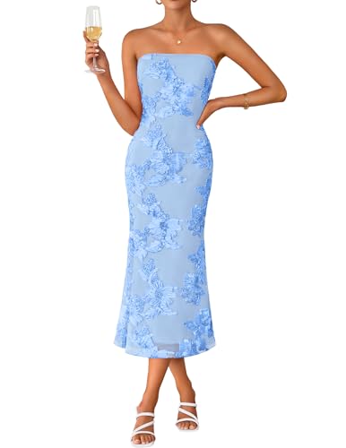 ZESICA Women's Summer Strapless Floral Midi Dress 2026 Bodycon Mesh Tube Wedding Guest Cocktail Party Long Dresses