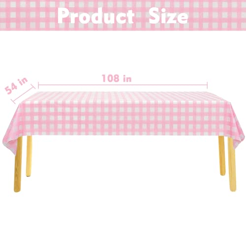 Kesfey 3 Packs Pink Gingham Tablecloth Pink and White Checkered Tablecloths 54 x 108 Inches Disposable Plastic Gingham Tab...