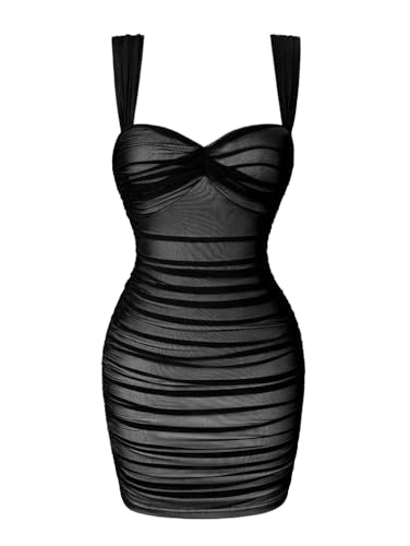 LAGSHIAN Women's Summer Sexy Bodycon Sleeveless Tank Straps Mesh Ruched Mini Party Dress