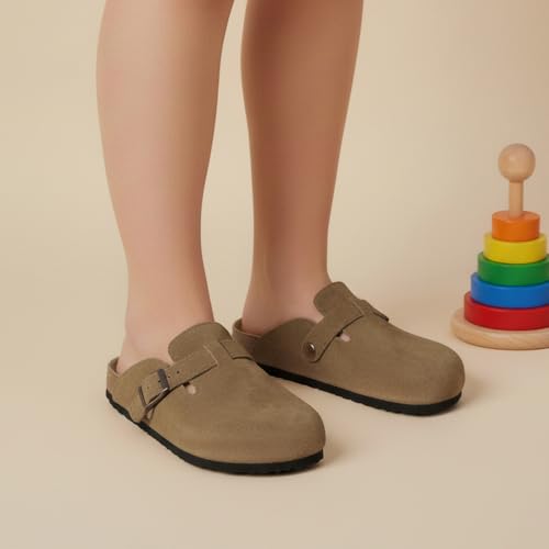 Hebelee Kids Suede Clogs Toddler Clogs for Girls Boys Cork Footbed Mules Adjustable Buckle Sandals for Indoor Outdoor