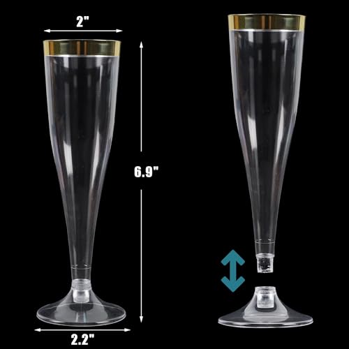 Zcaukya 100 Plastic Champagne Flutes, 4.5oz Clear Disposable Hard Stemware Cups with Golden Rim, Plastic Champagne Glasses...