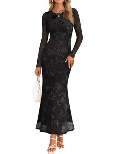 MEROKEETY Women's 2026 Spring Wedding Guest Maxi Dress Long Sleeve Bodycon Floral Mesh Fall Cocktail Formal Party Dresses