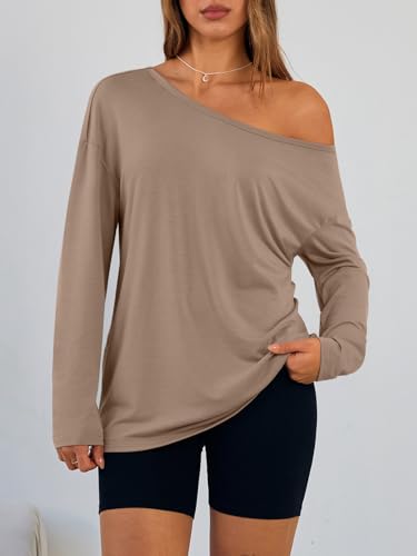 Trendy Queen Womens Off The Shoulder Tops Oversized Tshirts Long Sleeve 2026 Casual Basic Tees
