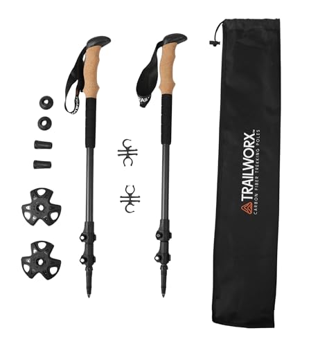 TRAILWORX 3K Carbon Fiber Collapsible Hiking Poles, Adjustable Trekking Poles for Hiking, Walking Sticks with Cork Handle,...