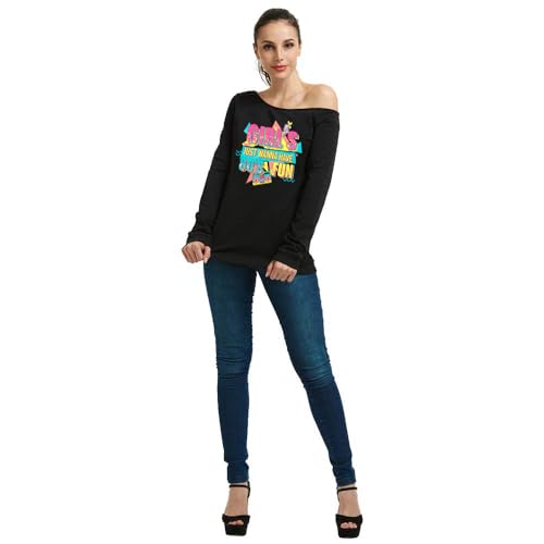 QLIPIN 80s 90s Outfits for Women 80's Theme Party Long Sleeve Shirt 90s Off the Shoulder Sweatshirt Retro Neon Disco Pullover