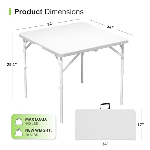 TRINEAR 34" Folding Card Table, Square Plastic Foldable Outdoor Dining Tables, Fold in Half w/Handle, Portable with Collap...