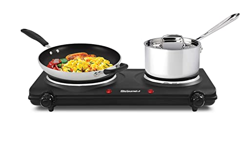 Elite Gourmet EDB-302BF Countertop Double Cast Iron Burner, 1500 Watts Electric Hot Plate, Temperature Controls, Power Ind...