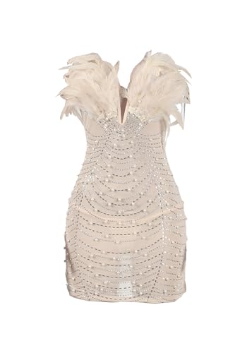 Geulis Women's Sexy Strapless Dress See Through Feather Rhinestone Mini Dress Bodycon Birthday Dresses with Thongs