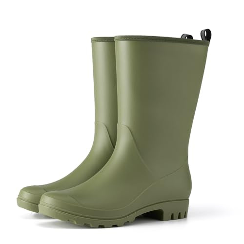 HISEA Women Rubber Boots Wide Calf Rain Boots Matte Surface Waterproof PVC Rubber Rain Boot Mid Height Rain Shoes for Outd...