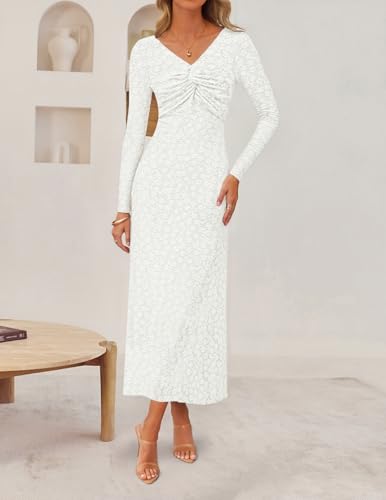 ZESICA Women's Fall Floral Long Sleeve Bodycon Dress 2026 Elegant V Neck Cocktail Party Long Midi Dresses