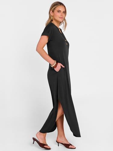 ANRABESS Women Summer Maxi Dress Casual Short Sleeve V Neck Button Up Loose Split Travel Dresses 2026 Beach Vacation Sundress