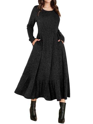 ANRABESS Womens Long Sleeve Midi Dress Spring Rib Knit Crew Neck A Line Soft Flowy Swing Dresses with Pocket Casual Trendy