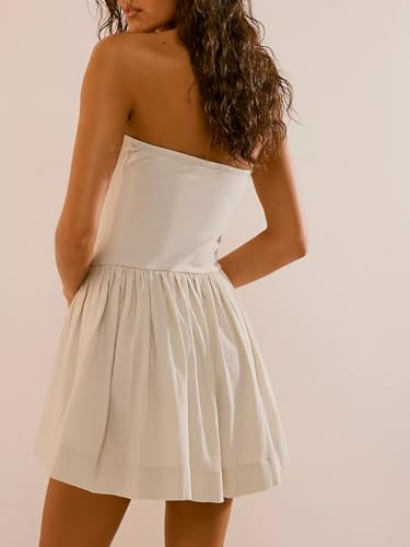 Loafawes Summer Solid Strapless Mini Dress for Women Tube Top Dresses Patchwork Pleated Drop Waist Flared Beach Dress