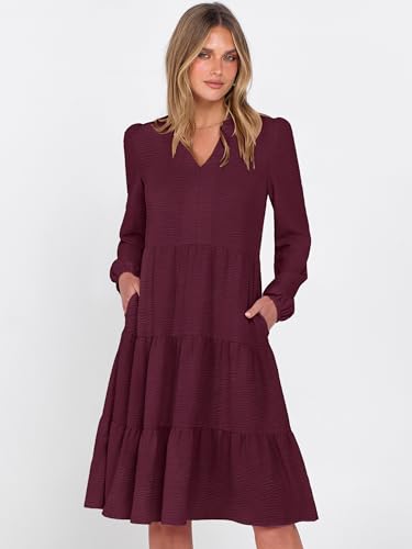 ANRABESS Womens Fall Midi Dresses Long Sleeve V Neck Swing Tiered Work Business Casual 2026 Flowy Beach Vacation Dress