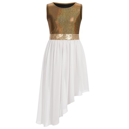 ODASDO Girl Praise Dance Dress Sleeveless Asymmetrical Overlays Tunic Tops Metallic Color Block Liturgical Worship Dancewear