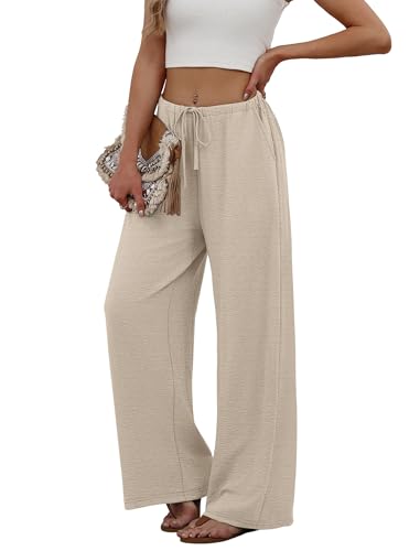 Sampeel Wide Leg Pants for Women Flowy Palazzo Drawstring Elastic Waist Trousers with Pockets Summer Beach Vacation Clothes