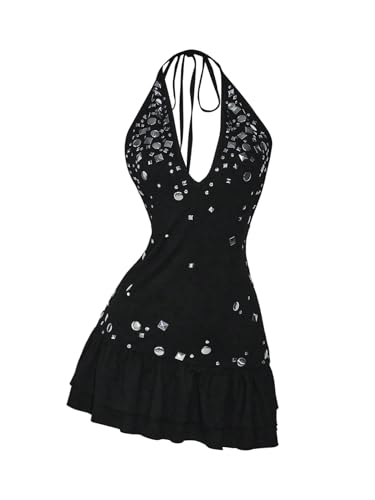 MakeMeChic Women's Halter Mini Dress Sparkly Ruffle Tiered Sleeveless Tie Back Fall Y2K Clothes Rave Outfit
