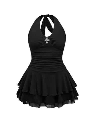 SHENHE Women's Plus Size Y2k Halter Tie Backless Ruched Layered Ruffle Grunge Punk Mini Dress