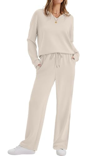 WIHOLL Lounge Sets for Women 2025 V Neck 2 Piece Outfits Airport Wide Leg Pants Matching Set Sweatsuits