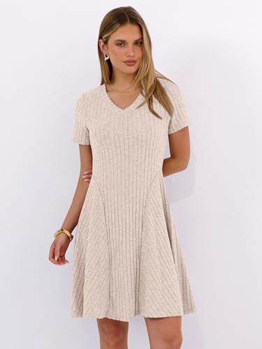 ANRABESS Womens Summer Dresses Casual Short Sleeve Ribbed Knit V Neck Swing A-Line 2026 Spring Vacation Tunics Short Dress