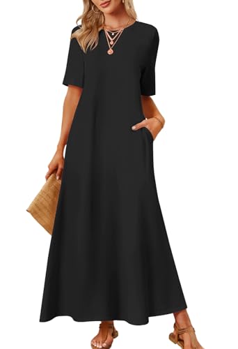 MEROKEETY Summer Maxi Dresses for Women 2026 Vacation Spring Casual Short Sleeve Basic Long T Shirt Dress Pockets