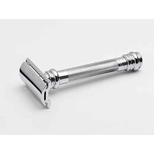 MERKUR 38C Double Edge Safety Razor - Bright Chrome, Extra Large Barber Pole Grip Brass Handle, Made in Germany, Plastic-Free, Two Piece Design, Closed Comb, Straight Bar