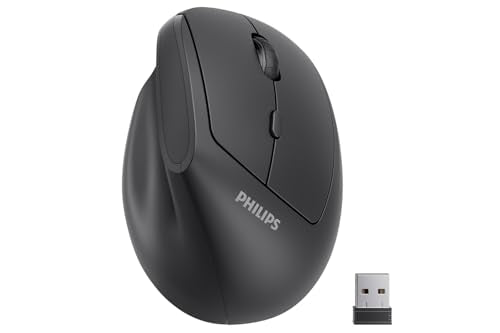Philips Ergonomic Mouse - Vertical Mouse with 800/1200/1600 Adjustable DPI, 6 Silent Buttons Design for S/M Hands, Auto Po...
