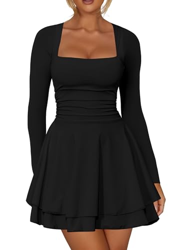 Kaximil Women's Square Neck Ruffle Hem Mini Dress Ruched Waist Long Sleeve Corset Short Party Dresses