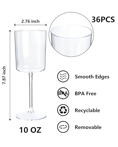 YOUBET 36 Pack Clear Plastic Wine Glasses - 10 OZ Disposable Square Wine Glasses with Stem for Wedding & Party & Anniversary