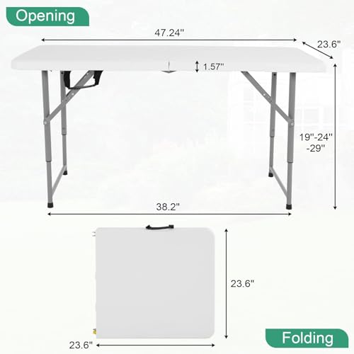 PIKAQTOP Folding Table, 4 FT Heavy Duty Plastic Foldable Table with Carrying Handle, Adjustable Height Portable Party Tabl...