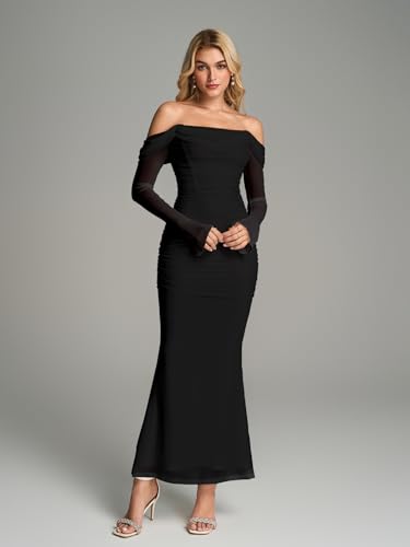 KUTUMAI Off Shoulder Long Sleeve Maxi Dress Corset Bodycon Ruched Cocktail Formal Wedding Guest Dresses for Women