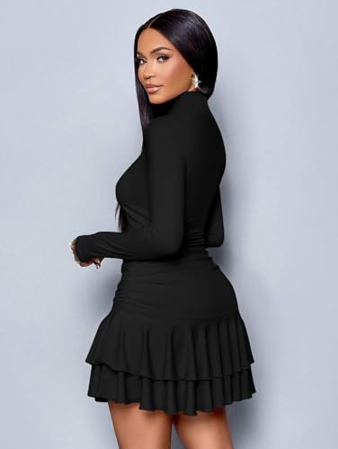 LAGSHIAN Women's High Neck Ruffle Hem Mini Dress Long Sleeve Ruched Short Club Party Dresses