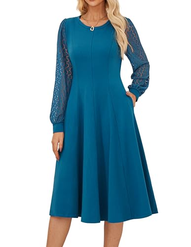 GRACE KARIN Women's 2025 Casual Long Lace Sleeve Dresses, Summer Flowy Crewneck A Line Plain Midi Dress with Pockets